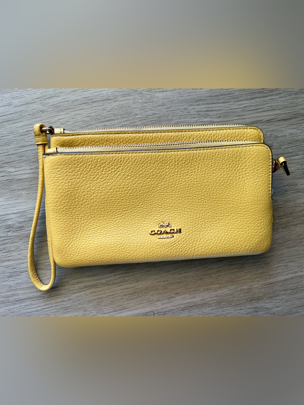 Coach Yellow Pebbled Leather Double-Zip Wristlet